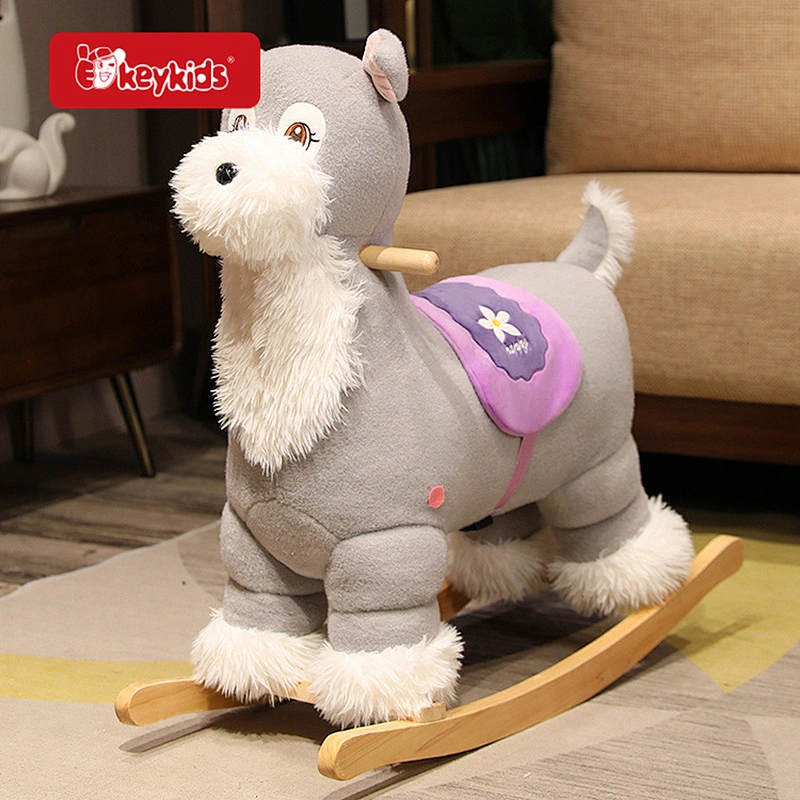 Grey Dog Plush Rocking Chair - Wooden Base Rocker Toy for Kids Play & Fun W16D165